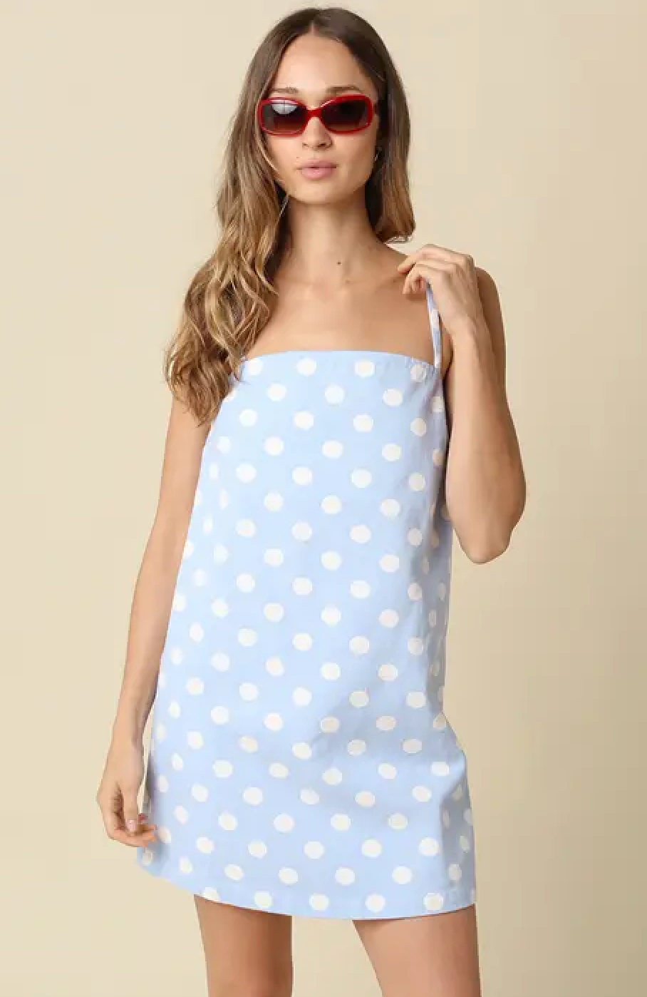 blue dress with pink polka dots The Desire Dress in Bardot